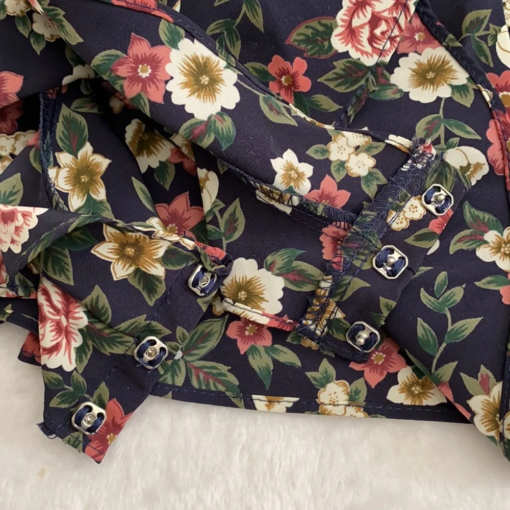 {NWT/VTG} Lingerie Cacique | Dark Floral Satin Pajama Sleep Romper Blue (S) - Picture 8 of 16